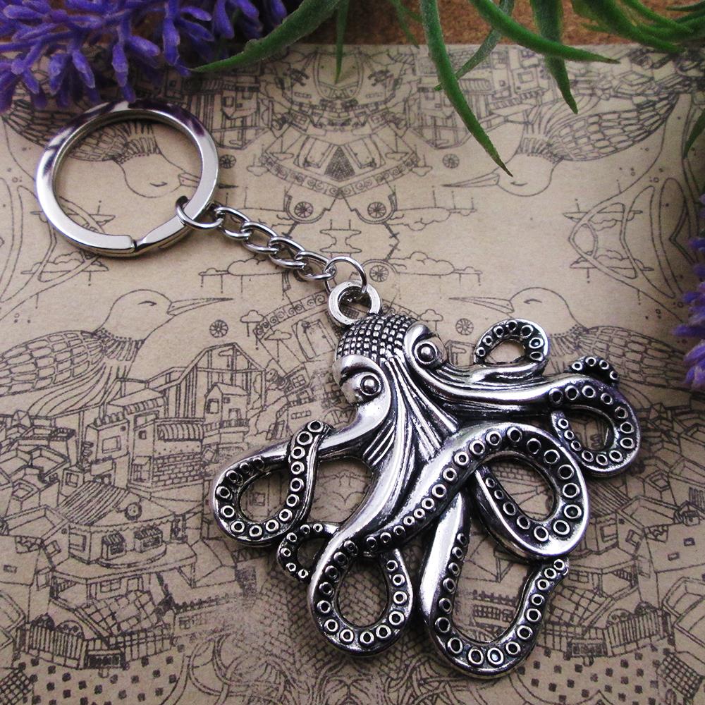 3pcs Lot Fashion Big Octopus Pendants 28mm Keyring Metal Chain Silver Color Men Car Gift Keychain