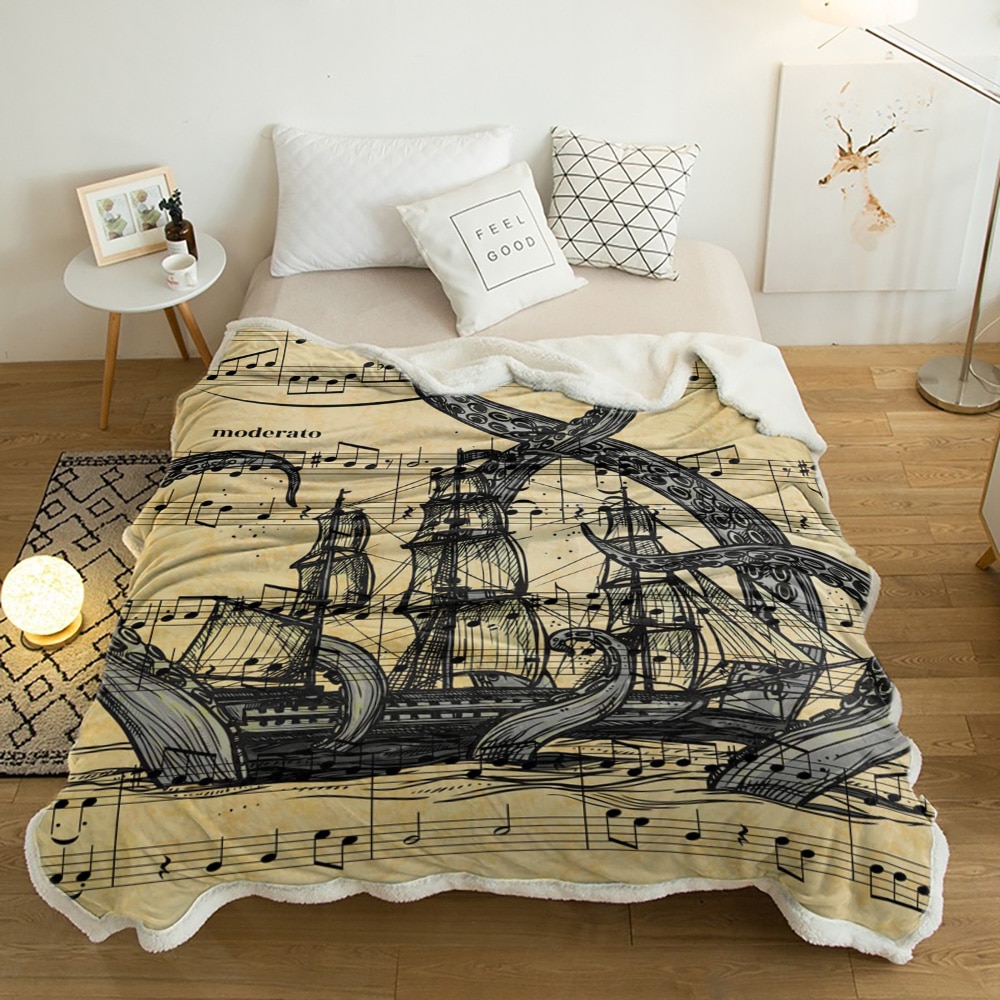 Sheet Music Octopus Pirate Ship Yellow Warm Soft Blanket Office Sofa Plush Blanket Bedspreads Quilt Drop 3