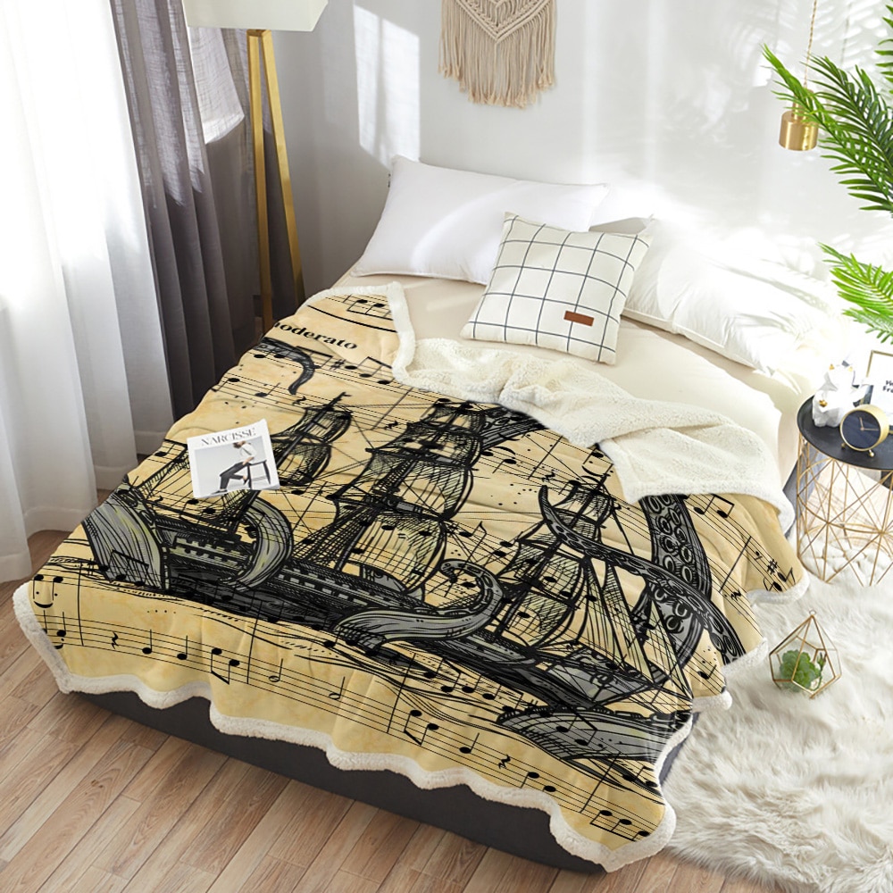 Sheet Music Octopus Pirate Ship Yellow Warm Soft Blanket Office Sofa Plush Blanket Bedspreads Quilt Drop 5