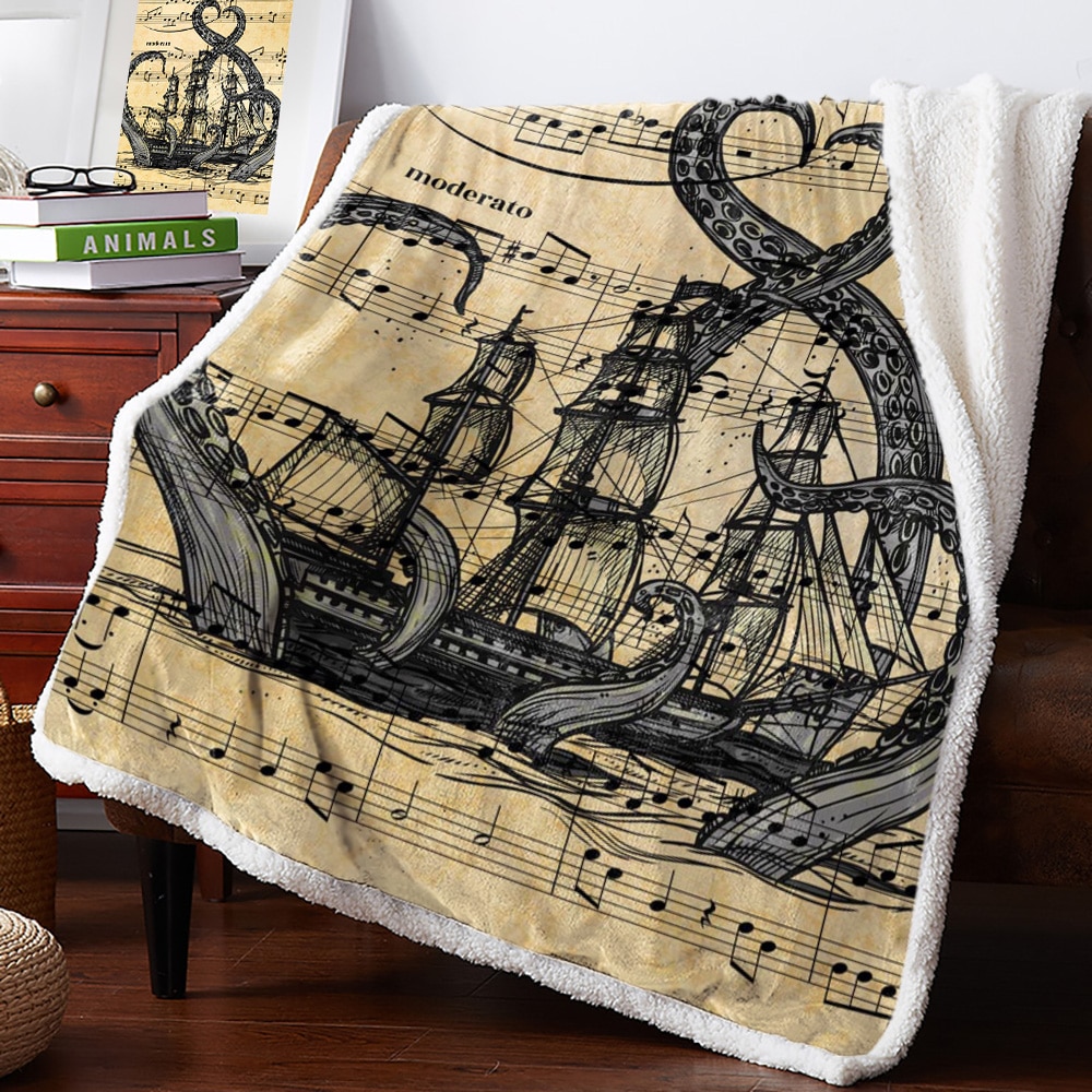 Sheet Music Octopus Pirate Ship Yellow Warm Soft Blanket Office Sofa Plush Blanket Bedspreads Quilt Drop